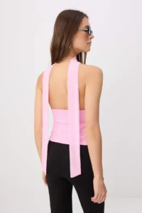 TRENDYOLMİLLA PINK Plain Fitted Barbell Neck Accessory Detailed Tulle Knitting Blouse - Image 4