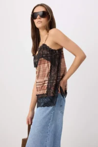 TRENDYOLMİLLA Multicolored Plaid Regular/Normal Pattern V-neck Sleeveless Lace Detailed Tulle Knitting Blouse