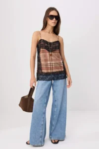 TRENDYOLMİLLA Multicolored Plaid Regular/Normal Pattern V-neck Sleeveless Lace Detailed Tulle Knitting Blouse - Image 2