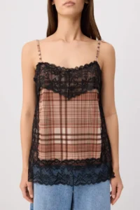 TRENDYOLMİLLA Multicolored Plaid Regular/Normal Pattern V-neck Sleeveless Lace Detailed Tulle Knitting Blouse - Image 3