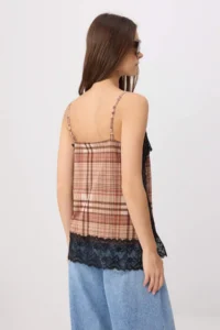 TRENDYOLMİLLA Multicolored Plaid Regular/Normal Pattern V-neck Sleeveless Lace Detailed Tulle Knitting Blouse - Image 4