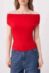 TRENDYOLMİLLA Red Fitted Carmen Collar Sleeveless Flexible Knitting Blouse - Image 3