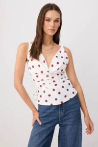 TRENDYOLMİLLA Ecru Polka Dot Fitted Rope Sleeveless Knitting Blouse