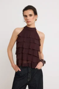 TRENDYOLMİLLA Brown Regular/Normal Pattern Barbell Neck Sleeveless Frilly Tulle Knitting Blouse