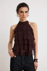 TRENDYOLMİLLA Brown Regular/Normal Pattern Barbell Neck Sleeveless Frilly Tulle Knitting Blouse - Image 2