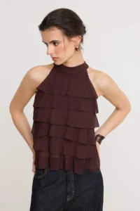 TRENDYOLMİLLA Brown Regular/Normal Pattern Barbell Neck Sleeveless Frilly Tulle Knitting Blouse - Image 3