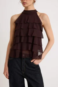 TRENDYOLMİLLA Brown Regular/Normal Pattern Barbell Neck Sleeveless Frilly Tulle Knitting Blouse - Image 4