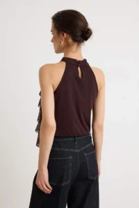 TRENDYOLMİLLA Brown Regular/Normal Pattern Barbell Neck Sleeveless Frilly Tulle Knitting Blouse - Image 5