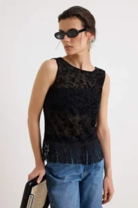 TRENDYOLMİLLA Black Floral Regular/Normal Pattern Boat Neck Tasseled Lace Flexible Knitting Blouse - Image 2