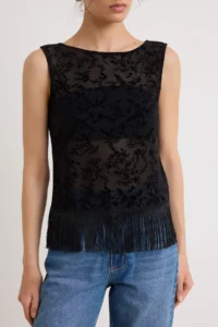 TRENDYOLMİLLA Black Floral Regular/Normal Pattern Boat Neck Tasseled Lace Flexible Knitting Blouse - Image 3