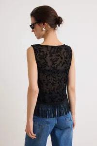 TRENDYOLMİLLA Black Floral Regular/Normal Pattern Boat Neck Tasseled Lace Flexible Knitting Blouse - Image 4