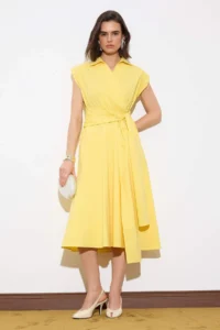 TRENDYOLMİLLA Light YELLOW Binding Detailed Midi Weaving Dress