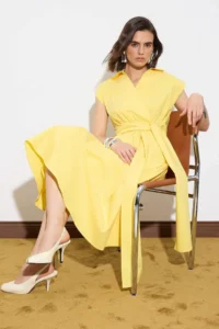 TRENDYOLMİLLA Light YELLOW Binding Detailed Midi Weaving Dress - Image 2