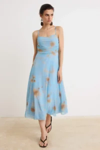 TRENDYOLMİLLA BLUE A-Cut/Life Form Cowl Neck Thin Sleeveless Sleeveless Tulle Knitting Dress
