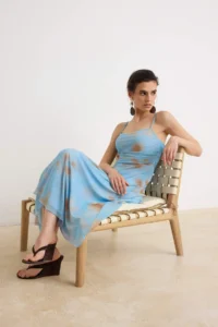 TRENDYOLMİLLA BLUE A-Cut/Life Form Cowl Neck Thin Sleeveless Sleeveless Tulle Knitting Dress - Image 2