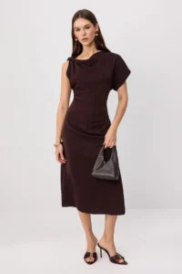 TRENDYOLMİLLA Brown Satin Midi Weaving Dress