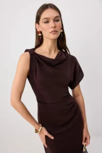 TRENDYOLMİLLA Brown Satin Midi Weaving Dress - Image 2