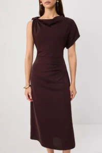 TRENDYOLMİLLA Brown Satin Midi Weaving Dress - Image 3