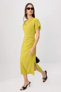 TRENDYOLMİLLA Oil Green Plain Midi Weaving Dress - Image 2