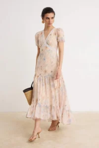 TRENDYOLMİLLA Powder PINK Lace striped Floral Midi Siphon Lined Princess Kol Weaving Dress