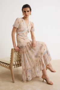 TRENDYOLMİLLA Powder PINK Lace striped Floral Midi Siphon Lined Princess Kol Weaving Dress - Image 2