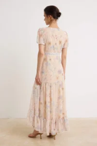 TRENDYOLMİLLA Powder PINK Lace striped Floral Midi Siphon Lined Princess Kol Weaving Dress - Image 4