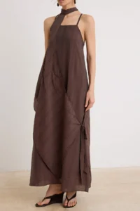 TRENDYOLMİLLA Brown removable Shawl Detailed Silky Material Lined Sleeveless Dress - Image 3