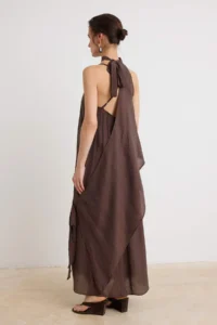 TRENDYOLMİLLA Brown removable Shawl Detailed Silky Material Lined Sleeveless Dress - Image 4