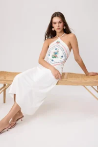 TRENDYOLMİLLA Ecru Floral Shawl Satin Midi Weaving Dress