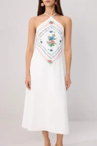 TRENDYOLMİLLA Ecru Floral Shawl Satin Midi Weaving Dress - Image 3