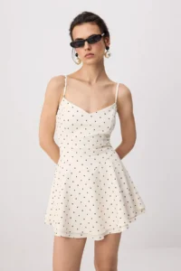 TRENDYOLMİLLA Ecru-Multicolored Polka Dot Short / Mini Weaving Shorts Skirt Dress - Image 2