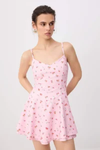 TRENDYOLMİLLA PINK-Multicolored flower patterned Short / Mini Weaving Shorts Skirt Dress