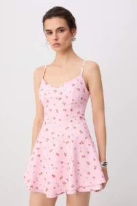 TRENDYOLMİLLA PINK-Multicolored flower patterned Short / Mini Weaving Shorts Skirt Dress - Image 2