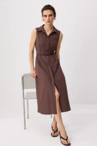 TRENDYOLMİLLA Brown Midi Belt Detailed Weaving Shirt Dress