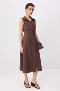 TRENDYOLMİLLA Brown Midi Belt Detailed Weaving Shirt Dress - Image 2
