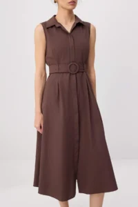 TRENDYOLMİLLA Brown Midi Belt Detailed Weaving Shirt Dress - Image 3