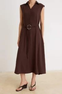 TRENDYOLMİLLA Brown Metallic Belt Detailed Midi Sleeveless Cotton Weaving Dress - Image 3