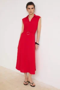 TRENDYOLMİLLA Red Metallic Belt Detailed Midi Sleeveless Cotton Weaving Dress - Image 2