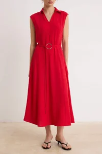 TRENDYOLMİLLA Red Metallic Belt Detailed Midi Sleeveless Cotton Weaving Dress - Image 3