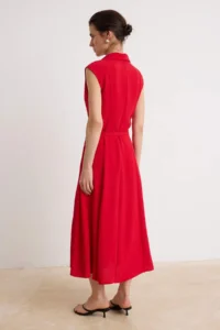 TRENDYOLMİLLA Red Metallic Belt Detailed Midi Sleeveless Cotton Weaving Dress - Image 4