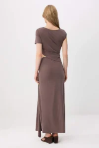 TRENDYOLMİLLA Brown Fitted Short Sleeve Window Detailed Maxi Modal Knitting Dress - Image 4