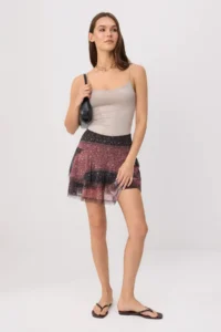 TRENDYOLMİLLA Brown Shawl pattern OF shorts skater Lace Detailed Regular Waist Mini Tulle Knitting Skirt