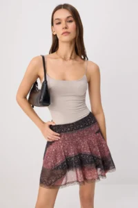 TRENDYOLMİLLA Brown Shawl pattern OF shorts skater Lace Detailed Regular Waist Mini Tulle Knitting Skirt - Image 2