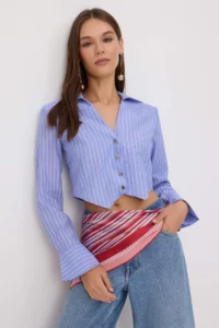 TRENDYOLMİLLA BLUE-Multicolored Striped Mini Checkered Fitted Crop Shirt - Image 2