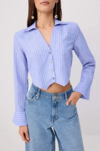 TRENDYOLMİLLA BLUE-Multicolored Striped Mini Checkered Fitted Crop Shirt - Image 3
