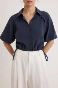 TRENDYOLMİLLA NAVY BLUE Stitching Detailed Crop Modal Shirt - Image 3