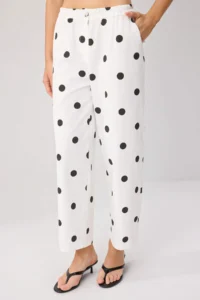 TRENDYOLMİLLA WHITE-Multicolored Polka Dot barrel Elastic Waist Gabardine Pants - Image 3