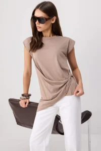 TRENDYOLMİLLA Mink Plain Regular Crew Neck Drop Sleeve Short 100% Cotton Knitting T-Shirt