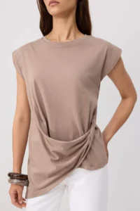 TRENDYOLMİLLA Mink Plain Regular Crew Neck Drop Sleeve Short 100% Cotton Knitting T-Shirt - Image 3