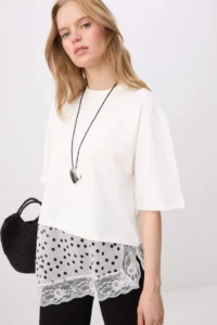 TRENDYOLMİLLA Ecru Plain Oversized/Wide Pattern Polka Dot Lace Detailed Knitting T-Shirt